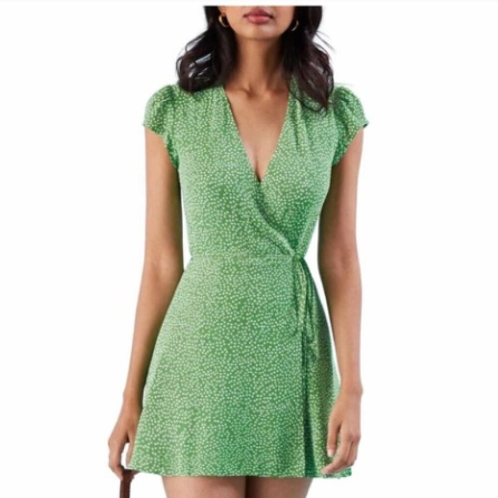 REFORMATION Floral Crepe Cap Sleeve V-Neck Wrap Tie Waist Mini Dress